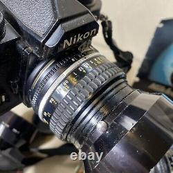 Vtg Nikon / Nikkormat EM Series Black Body 35mm Film SLR Cameras Lot Of 3 + Lens