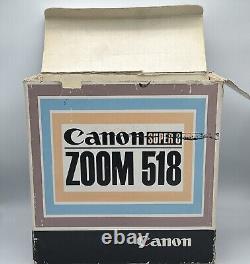 Caméra de film Super 8 Canon Japan Zoom 518 de 1964 avec étui rigide, poignée Cannon et documents, FONCTIONNE