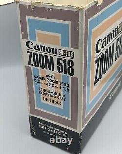 Caméra de film Super 8 Canon Japan Zoom 518 de 1964 avec étui rigide, poignée Cannon et documents, FONCTIONNE